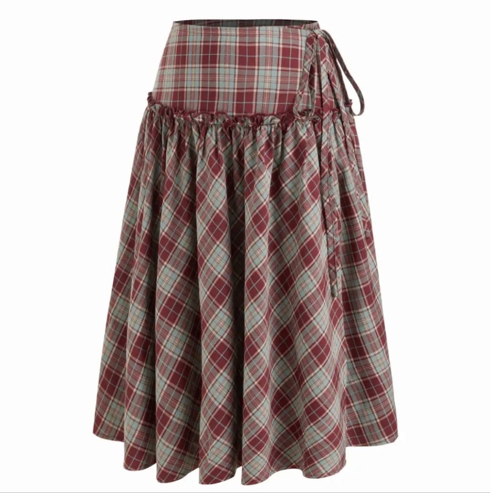 Cider Mid Rise Tartan Lettuce Trim Wrap Skirt Burgundy NWT Size Large - Picture 2 of 8